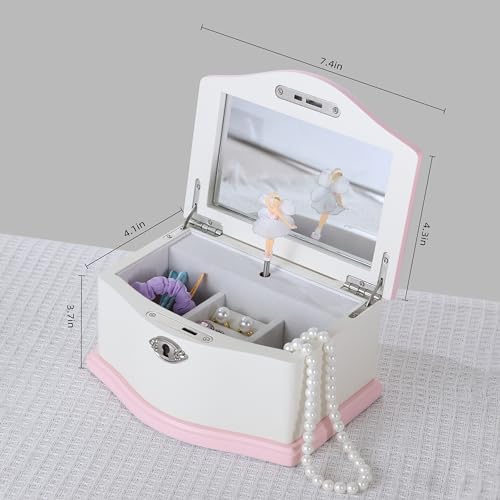 Jozen Gift Medium Ballerina Musical Jewelry Box with Mirror for Girls,Kid's Jewelry Storage Music Chest- (white/pink) - Image 4