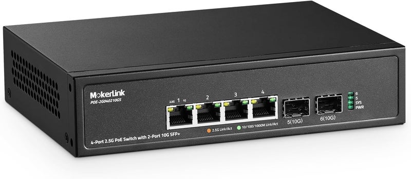 MokerLink 2.5G 4 منافذ PoE سويتش مع فتحة SFP+ 10G، 4 منافذ Base-T 2.5G متوافقة مع 10/100/1000 ميجابت في الثانية، IEEE8023af/at PoE 78 واط، معدني غير مُدار بدون مروحة، سويتش شبكة صغير - Image 1