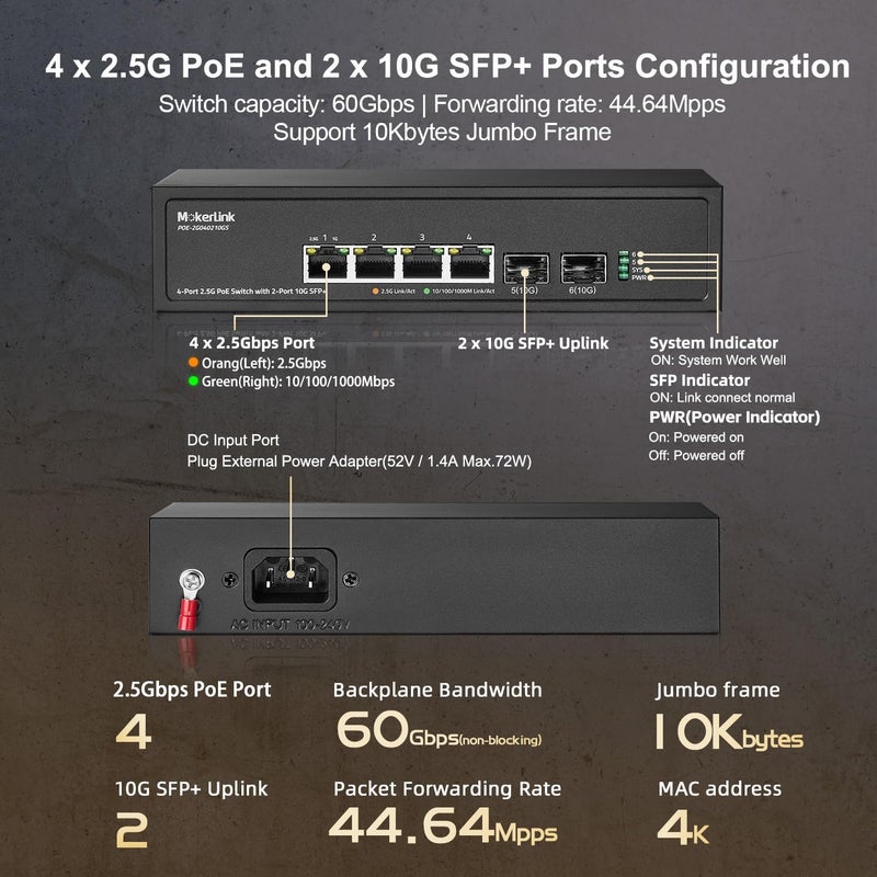 MokerLink 2.5G 4 منافذ PoE سويتش مع فتحة SFP+ 10G، 4 منافذ Base-T 2.5G متوافقة مع 10/100/1000 ميجابت في الثانية، IEEE8023af/at PoE 78 واط، معدني غير مُدار بدون مروحة، سويتش شبكة صغير - Image 4