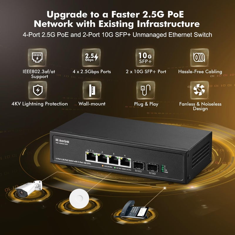 MokerLink 2.5G 4 منافذ PoE سويتش مع فتحة SFP+ 10G، 4 منافذ Base-T 2.5G متوافقة مع 10/100/1000 ميجابت في الثانية، IEEE8023af/at PoE 78 واط، معدني غير مُدار بدون مروحة، سويتش شبكة صغير - Image 2