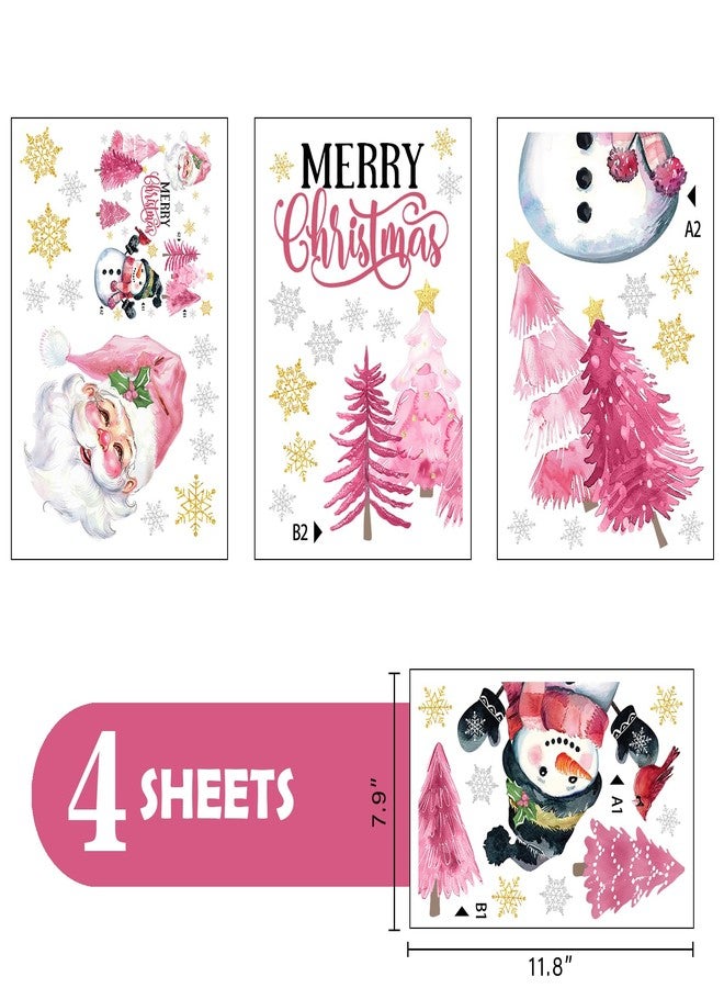 Mfault Merry Christmas Snowman Pink Window Clings 4 Sheets, Xmas Tree Santa Claus Stickers Decals Decorations, Winter Holiday Snowflake Cardinal Home Kitchen Decor - Image 2