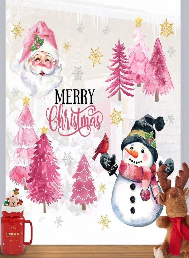 Mfault Merry Christmas Snowman Pink Window Clings 4 Sheets, Xmas Tree Santa Claus Stickers Decals Decorations, Winter Holiday Snowflake Cardinal Home Kitchen Decor - Image 3