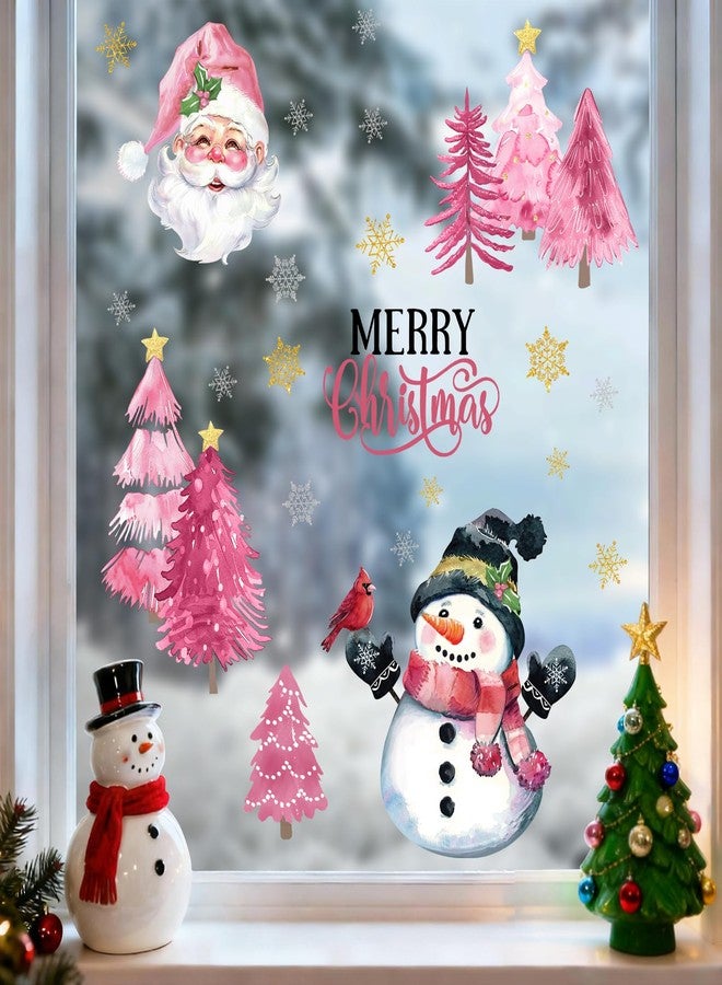 Mfault Merry Christmas Snowman Pink Window Clings 4 Sheets, Xmas Tree Santa Claus Stickers Decals Decorations, Winter Holiday Snowflake Cardinal Home Kitchen Decor - Image 1