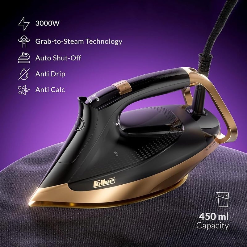 فيلر Feller Germany Vanguard Plus Steam Iron 3000W، تقنية Grab-to-Steam، صينية حرارية من السيراميك Prime Gold مزدوجة الطبقة + مقاومة للترسبات، مانع للتسرب، إيقاف تلقائي، شاشة عرض، بخار توربو، ضمان لمدة سنتين - نسخة KSA (ذهبية) - Image 2