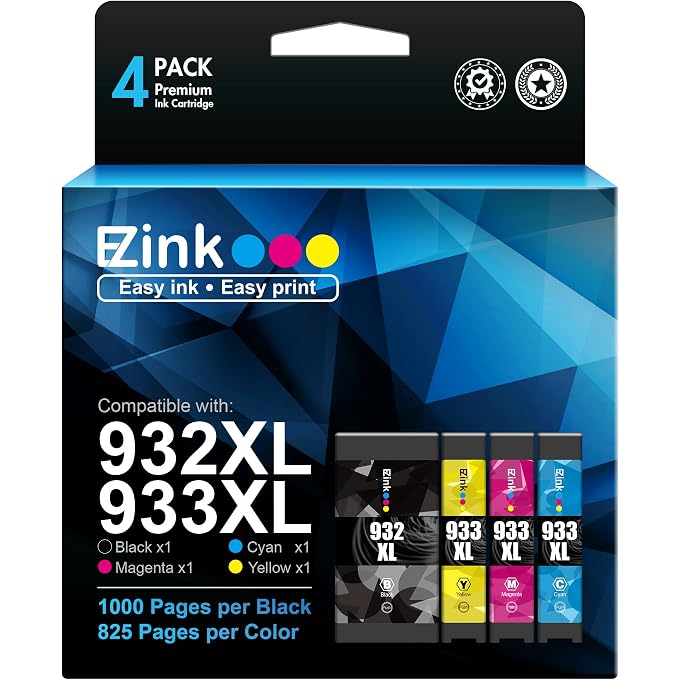 خرطوشة الحبر المتوافقة مع الحبر E-Z بديل ل 932XL 933XL 932 933 للاستخدام مع Officejet 6100 6600 6700 7110 7510 7610 7612 طابعة (1 سوداء، 1 سماوية، واحدة ماجنتا، 1 صفراء) 4 عبوات