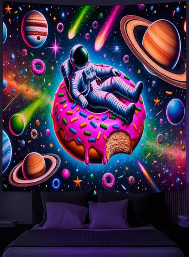 BlissYard Neon Astronaut Donut Black Light Tapestry UV Reactive Space Art Wall Hanging Colorful Fun Space Wall Art for Living Room Bedroom Dorm Party Cool Decor 78x59 Inch - Image 2