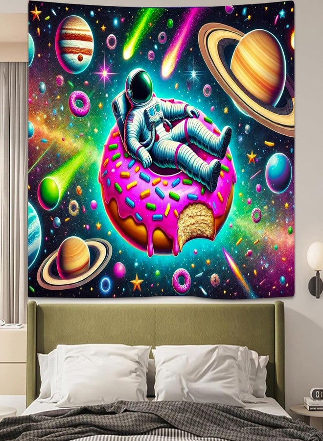 BlissYard Neon Astronaut Donut Black Light Tapestry UV Reactive Space Art Wall Hanging Colorful Fun Space Wall Art for Living Room Bedroom Dorm Party Cool Decor 78x59 Inch - Image 1