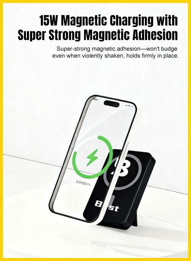 بست باور بانك مغناطيسي مدمج 10000 مللي أمبير، شاحن متنقل متوافق مع MagSafe مع كابلات Type-C و Lightning مدمجة، شحن لاسلكي 15 واط، USB-C PD 20 واط، شحن سريع 22.5 واط وحامل قابل للطي لهواتف iPhone 17/16/15/14/13/12 - Image 3