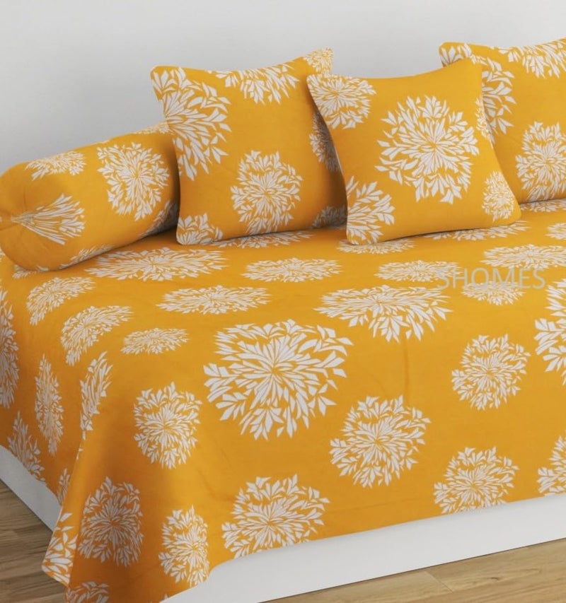 SHOMES 100% Cotton Feel Printed Diwan Set Covers 6 Pieces - 1 Single Bed Sheet (60 X 90) with 3 Cushion (16 X 16), 2 Bolster Covers (16 X 32) - Yellow - Image 3