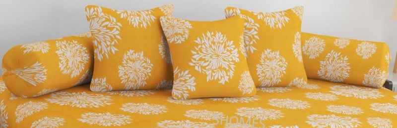 SHOMES 100% Cotton Feel Printed Diwan Set Covers 6 Pieces - 1 Single Bed Sheet (60 X 90) with 3 Cushion (16 X 16), 2 Bolster Covers (16 X 32) - Yellow - Image 2