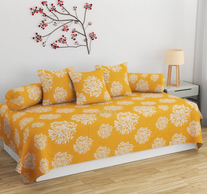 SHOMES 100% Cotton Feel Printed Diwan Set Covers 6 Pieces - 1 Single Bed Sheet (60 X 90) with 3 Cushion (16 X 16), 2 Bolster Covers (16 X 32) - Yellow - Image 1