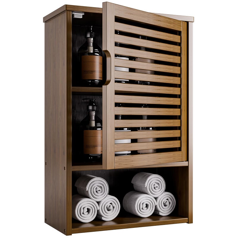 HITNET Medicine Cabinet, Wall Hanging Cabinet with Adjustable Shelf, Bathroom Storage Organizer Over The Toilet with Single Door and Open Bottom Shelf, Walnut - Image 1