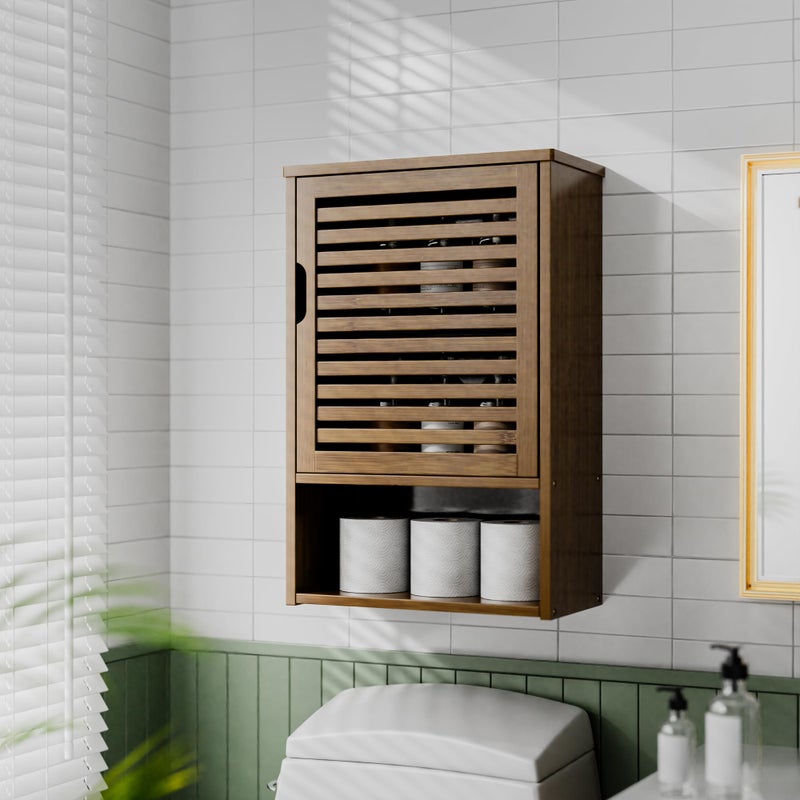 HITNET Medicine Cabinet, Wall Hanging Cabinet with Adjustable Shelf, Bathroom Storage Organizer Over The Toilet with Single Door and Open Bottom Shelf, Walnut - Image 2