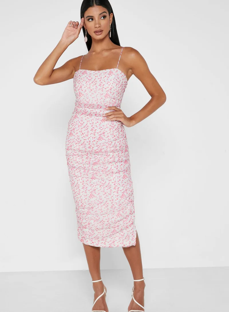 Bardot Floral Ruched Midi Dress