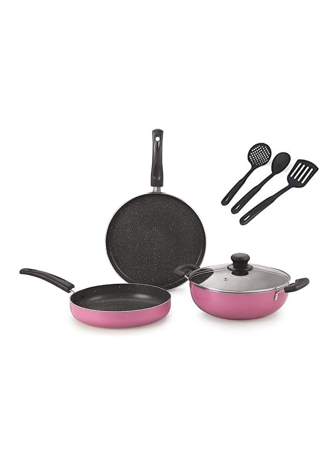 Nirlon Orchid Granite Aluminium Cookware Combo Gift Set, Pink, 7 Piece - Image 1