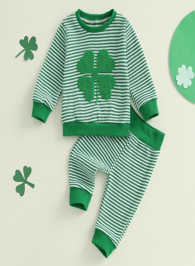 DNOMAID YZARC Toddler Baby Boy St Patricks Day Outfit Clover Embroidery Stripe Sweatshirt Top Long Pants Set 2 Piece Clothes (Green, 18-24 Months) - Image 2