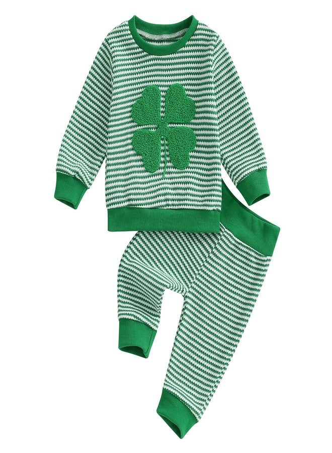 DNOMAID YZARC Toddler Baby Boy St Patricks Day Outfit Clover Embroidery Stripe Sweatshirt Top Long Pants Set 2 Piece Clothes (Green, 18-24 Months) - Image 1