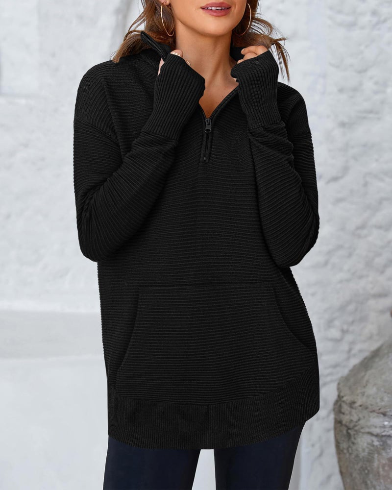 BTFBM Sweaters for Women Fall Clothes 2026 Pocket Quarter Zip Pullover V Neck Long Sleeve Knit Trendy Winter Sweater(Black, Small) - Image 4
