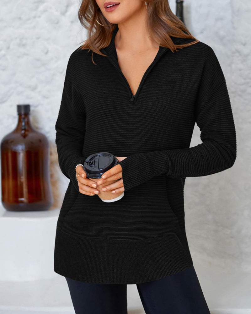 BTFBM Sweaters for Women Fall Clothes 2026 Pocket Quarter Zip Pullover V Neck Long Sleeve Knit Trendy Winter Sweater(Black, Small) - Image 3