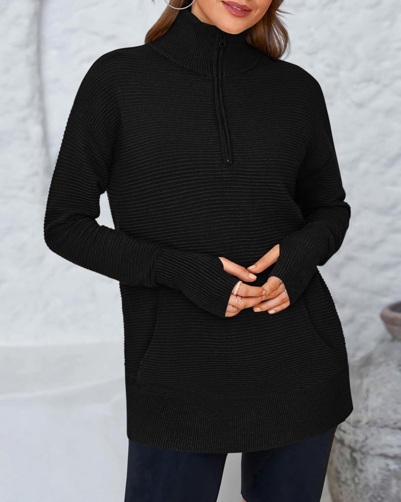 BTFBM Sweaters for Women Fall Clothes 2026 Pocket Quarter Zip Pullover V Neck Long Sleeve Knit Trendy Winter Sweater(Black, Small) - Image 5