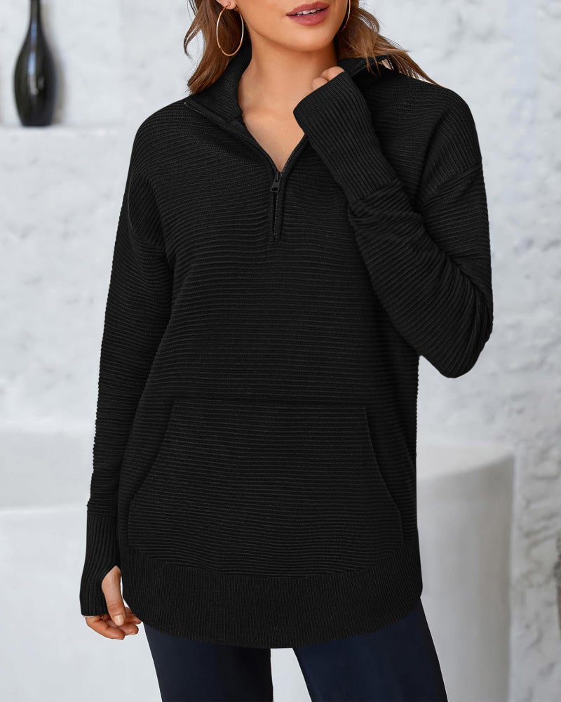 BTFBM Sweaters for Women Fall Clothes 2026 Pocket Quarter Zip Pullover V Neck Long Sleeve Knit Trendy Winter Sweater(Black, Small) - Image 2