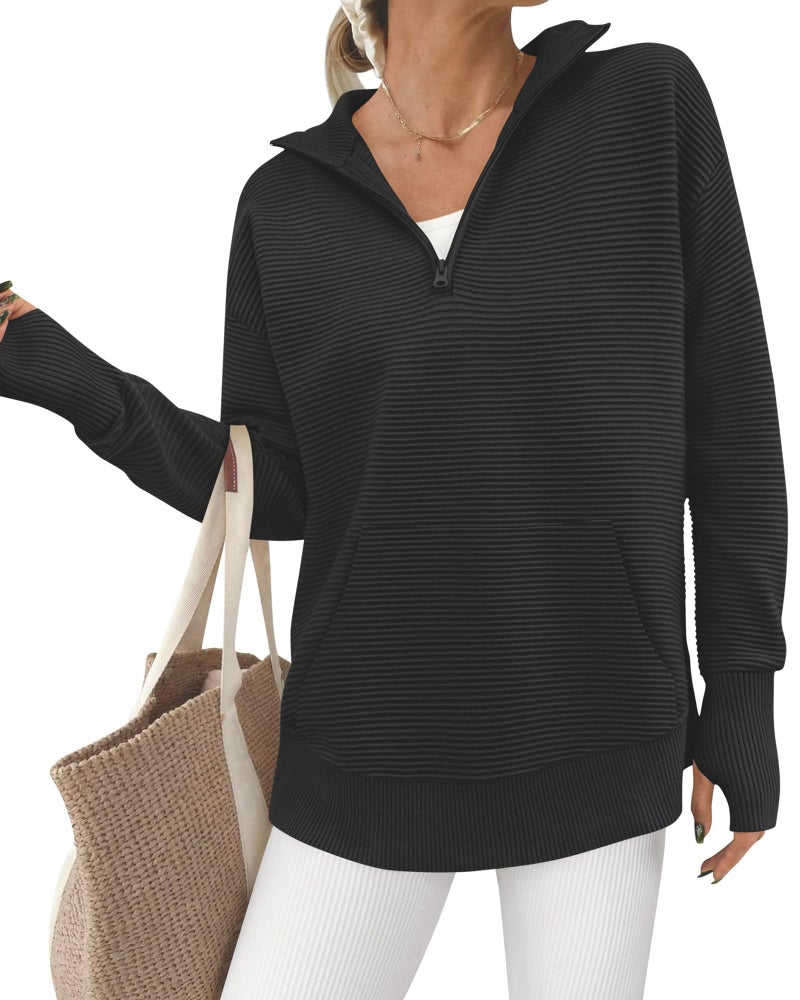 BTFBM Sweaters for Women Fall Clothes 2026 Pocket Quarter Zip Pullover V Neck Long Sleeve Knit Trendy Winter Sweater(Black, Small) - Image 1
