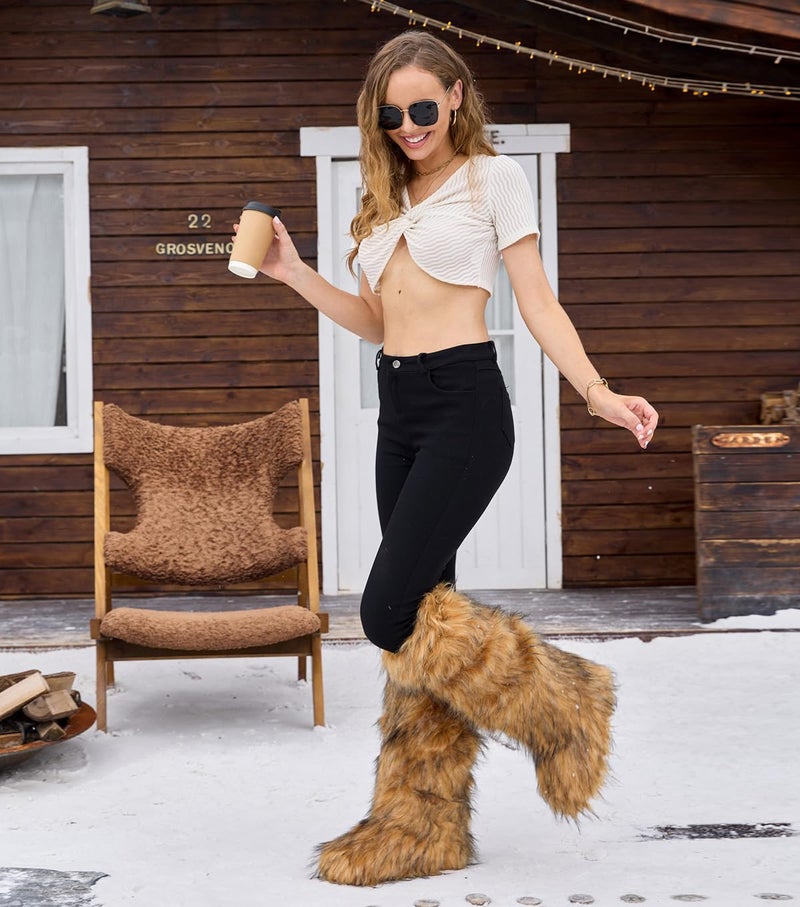 CEPEPRIN Women's Faux Fur Boots Knee-High Furry Snow Boots Fluffy Warm Winter Boots - Image 2