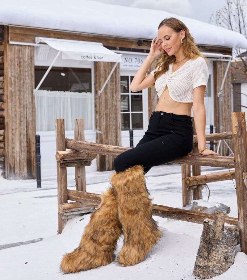CEPEPRIN Women's Faux Fur Boots Knee-High Furry Snow Boots Fluffy Warm Winter Boots - Image 3