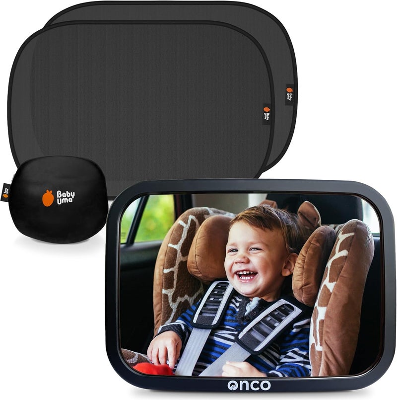 Onco Baby Car Mirror & Car Window Shades Bundle (18.9″ × 12″) - UPF 50+ Window Shade, 100% Shatter-Proof Car Mirror for Baby, Universal Shades & Mirror - Image 1