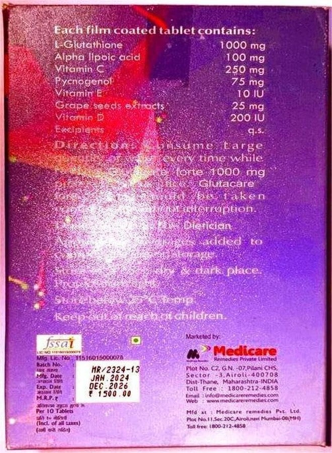 GLUTACARE FORTE Reduced Glutathione 1000 mg with Vitamin C for Glowing Skin | 30 Tablets | Antioxidant Supplement - Image 3