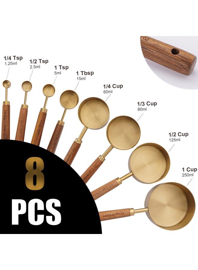 SHIKORI Gold Measuring Cups and Spoons Set, 8 Piece Premium Stainless Steel Measuring Cups with Wood Handles for Baking Supplies in the Kitchen (Gold) - Image 2
