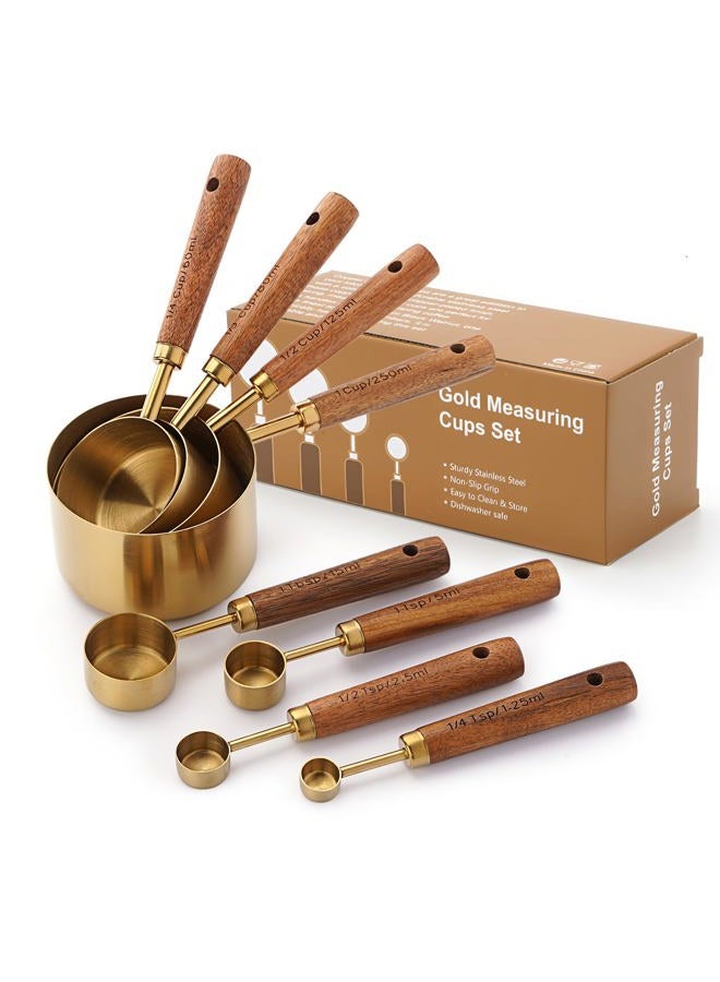 SHIKORI Gold Measuring Cups and Spoons Set, 8 Piece Premium Stainless Steel Measuring Cups with Wood Handles for Baking Supplies in the Kitchen (Gold) - Image 1