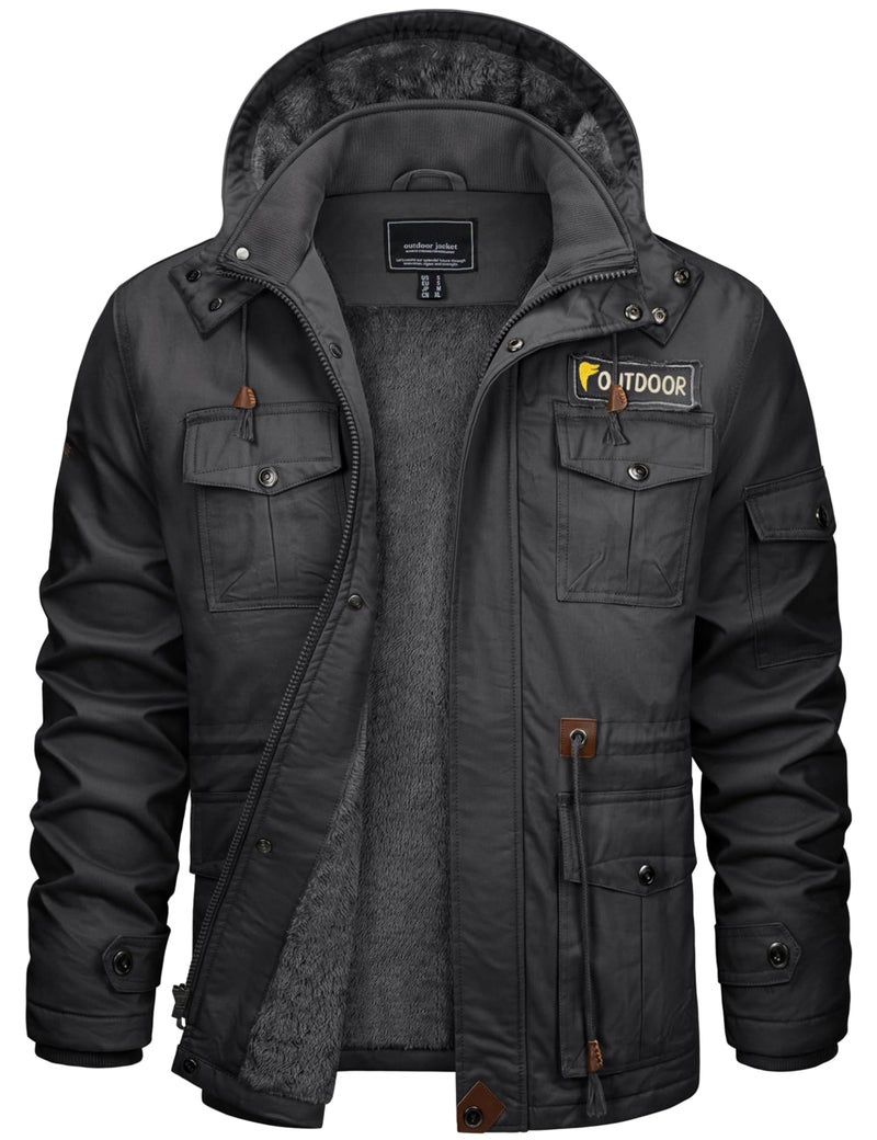 CRYSULLY Men's Winter Jacket Cotton Military Jackets Fleece Lined Thick Warm Cargo Coats Multi-Pocket Outwear with Hooded Dark Grey XL - Image 1