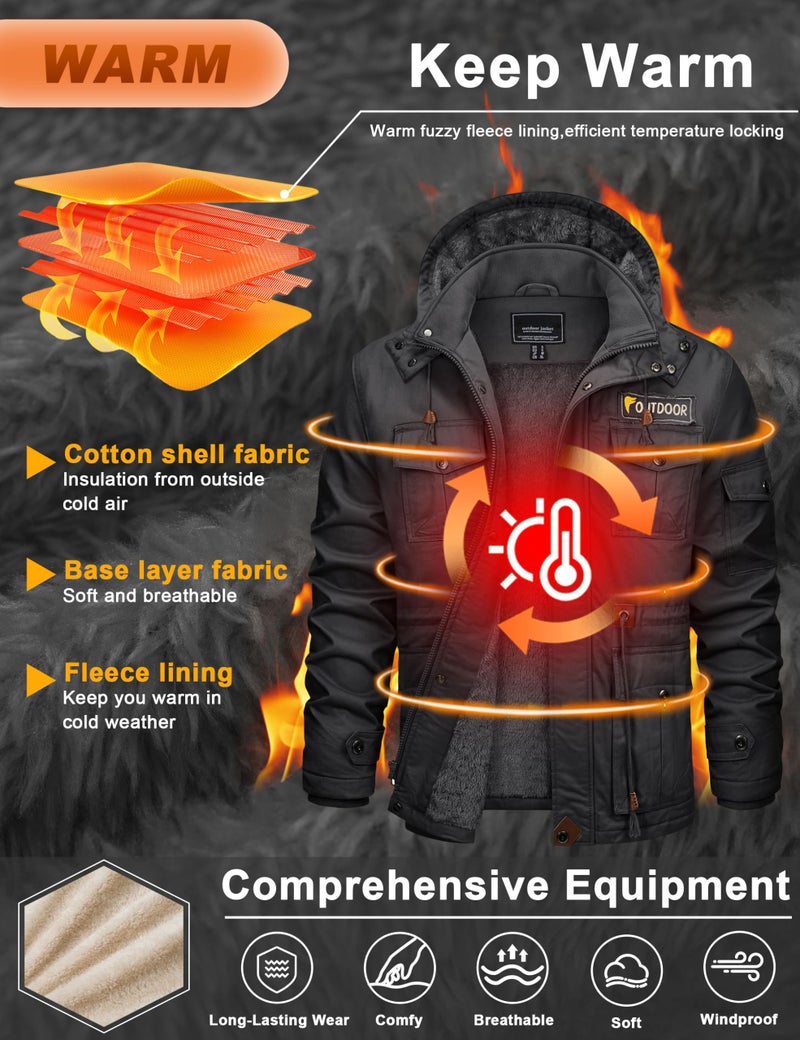 CRYSULLY Men's Winter Jacket Cotton Military Jackets Fleece Lined Thick Warm Cargo Coats Multi-Pocket Outwear with Hooded Dark Grey XL - Image 2