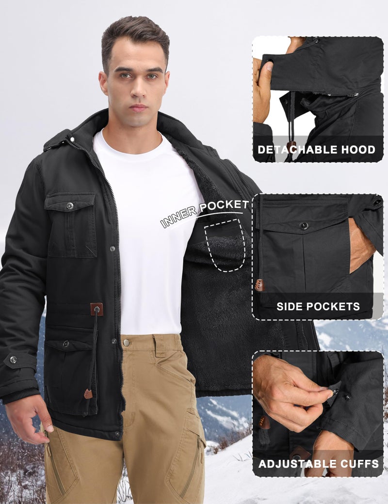 CRYSULLY Men's Winter Jacket Cotton Military Jackets Fleece Lined Thick Warm Cargo Coats Multi-Pocket Outwear with Hooded Dark Grey XL - Image 3