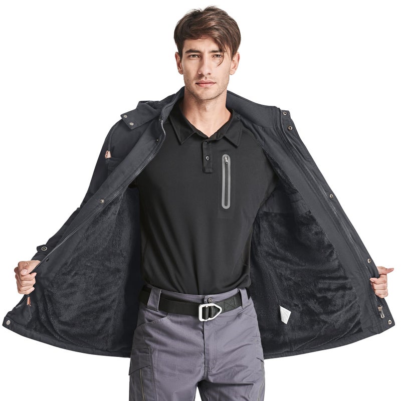 CRYSULLY Men's Winter Jacket Cotton Military Jackets Fleece Lined Thick Warm Cargo Coats Multi-Pocket Outwear with Hooded Dark Grey XL - Image 5