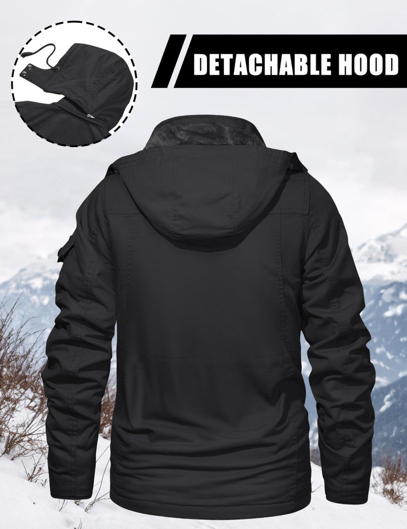 CRYSULLY Men's Winter Jacket Cotton Military Jackets Fleece Lined Thick Warm Cargo Coats Multi-Pocket Outwear with Hooded Dark Grey XL - Image 4