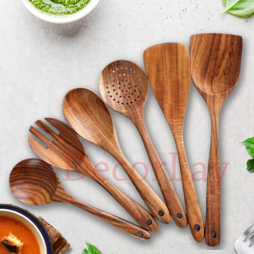 Decorlay Wooden Spoons for Cooking Kitchen Utensils Set Non Stick Spoon Wood Utensil Cooking Spatulas Set (Set of 6) - Image 1