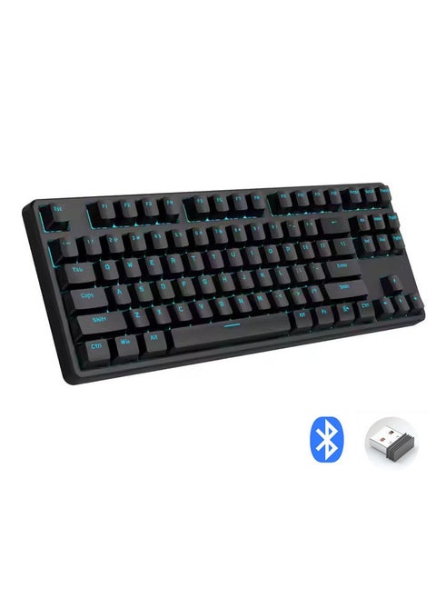 Tri-mode Wireless Gaming Mechanical Keyboard - 3 Mode Connection ( BT 3 Devices / 2.4G Wireless / Wired ) TKL Keyboard -Hot Swap Blue Switches - Single Blue LED Backligh - Built in battery  2500mAh - Removable Type-C cable -  PBT Keycap 87 EN Keys layout | Black
