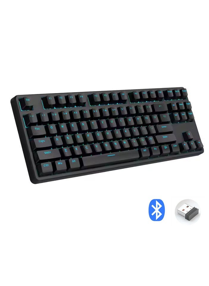Generic - Tri-mode Wireless Gaming Mechanical Keyboard - 3 Mode Connection ( BT 3 Devices / 2.4G Wireless / Wired ) TKL Keyboard -Hot Swap Blue Switches - Single Blue LED Backligh - Built in battery  2500mAh - Removable Type-C cable -  PBT Keycap 87 EN Keys layout | Black - Image 1