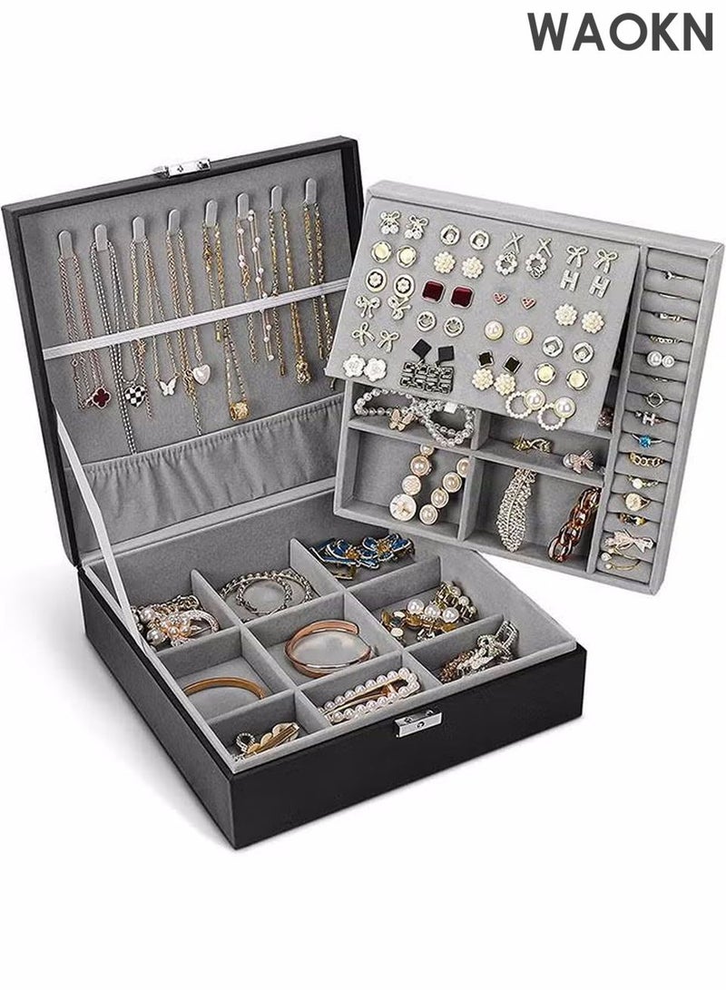 WAOKN Jewelry Tray for Women Girls, Multi-Functional Jewelry Organizer with Lid & Lock for Ring,Removable Partitions Earring, Stud, Necklace, Bracelet, Watch, Soft ice Velvet Jewelry Showcase Display Tray Black - Image 1