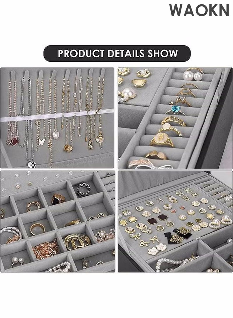 WAOKN Jewelry Tray for Women Girls, Multi-Functional Jewelry Organizer with Lid & Lock for Ring,Removable Partitions Earring, Stud, Necklace, Bracelet, Watch, Soft ice Velvet Jewelry Showcase Display Tray Black - Image 5