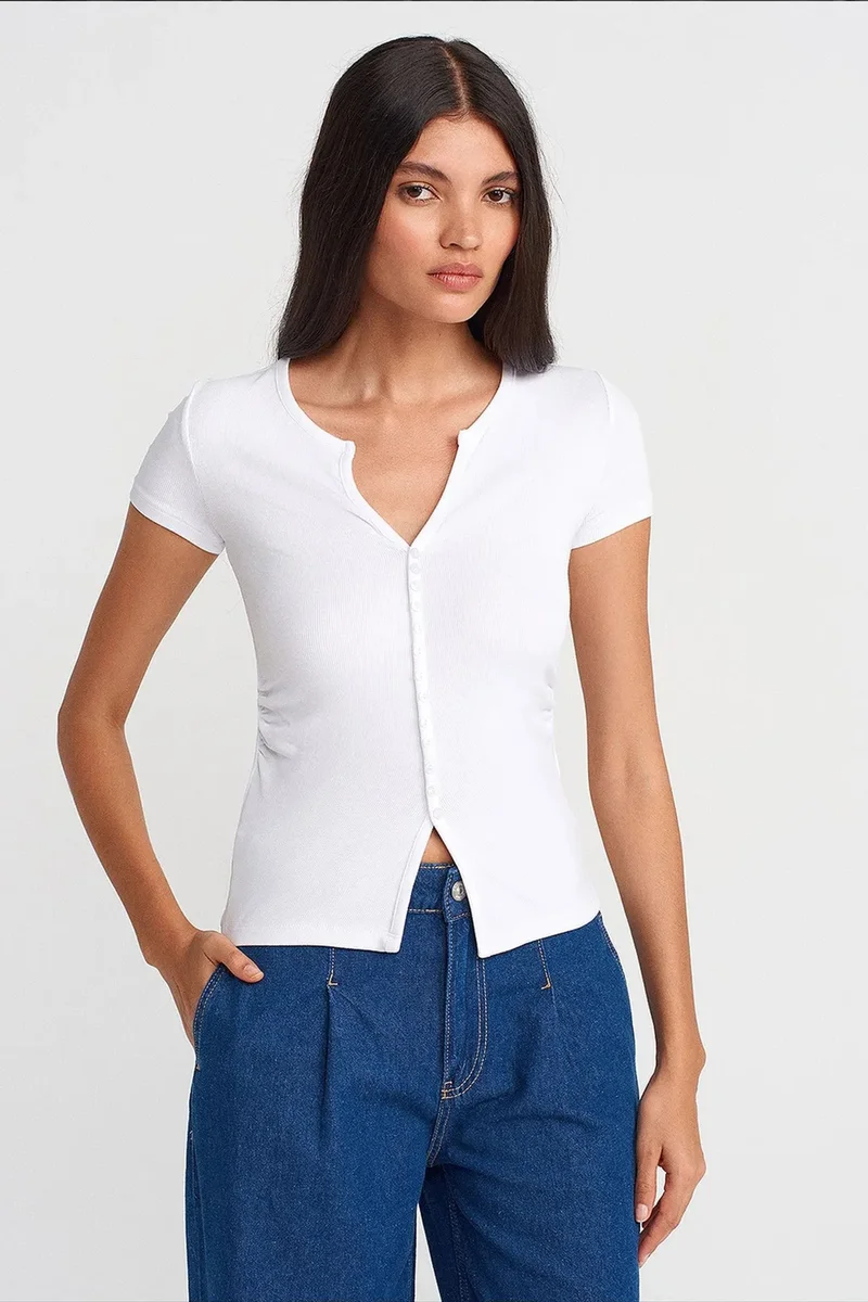 DILVIN Slim Fit V-Neck Button Blouse