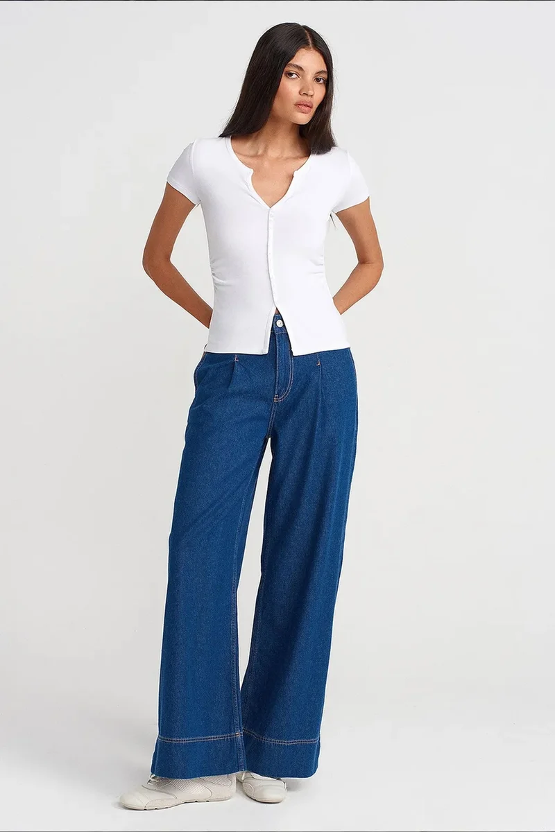 Dilvin White DILVIN Slim Fit V-Neck Button Blouse for Women | Best Price UAE