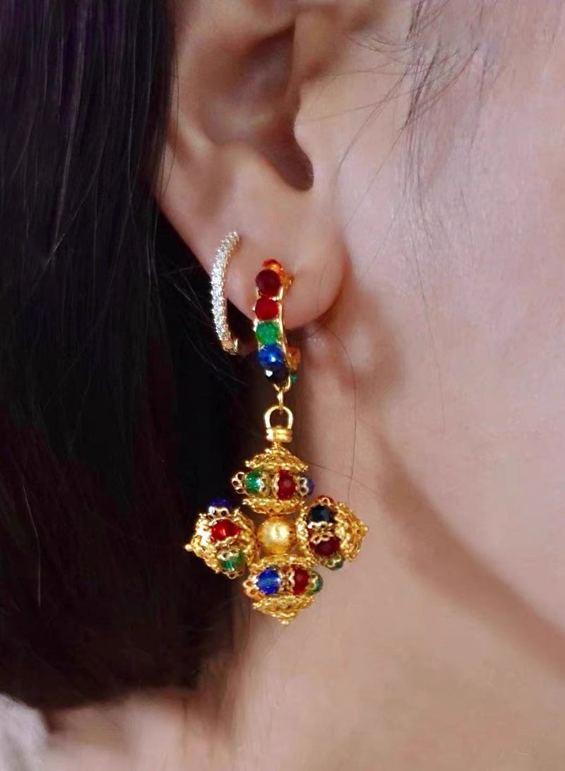 أقراط الحظ العتيقة الملونة على شكل عجلة غزل - Image 3