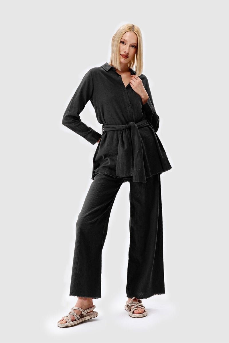 Açelya Okcu AÇELYAOKCU Oversize Tied Waist Shirt Casual Trousers Top-Bottom Set - Image 1