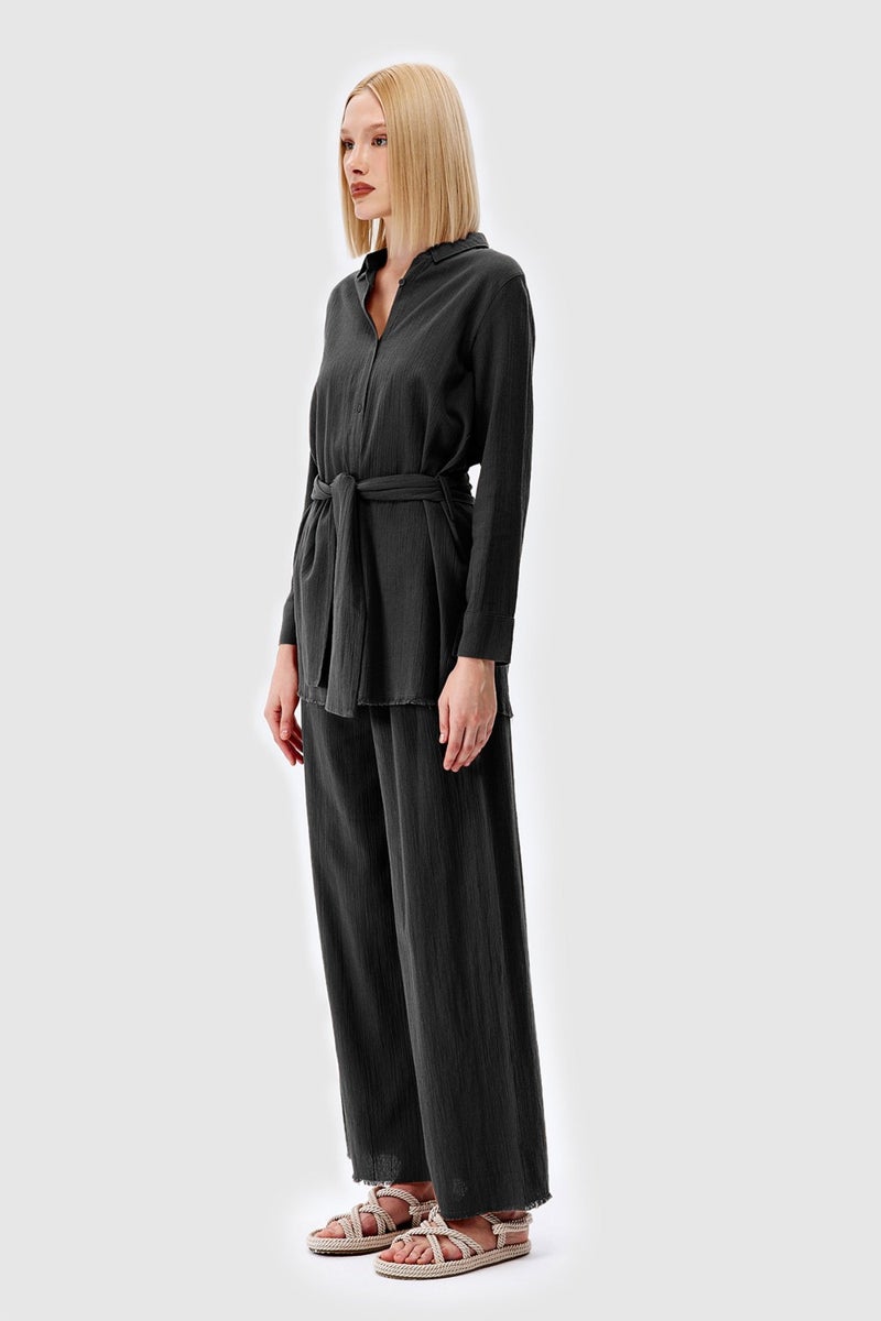 Açelya Okcu AÇELYAOKCU Oversize Tied Waist Shirt Casual Trousers Top-Bottom Set - Image 3