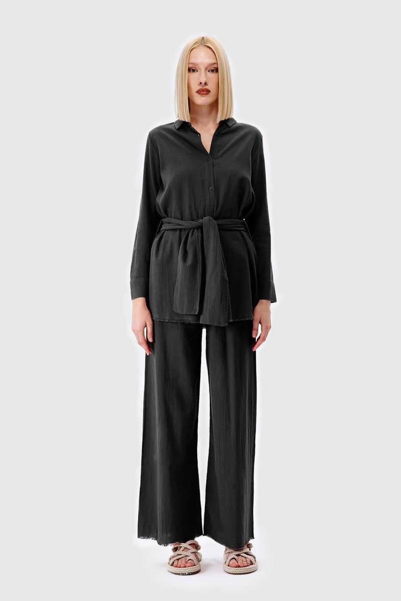 Açelya Okcu AÇELYAOKCU Oversize Tied Waist Shirt Casual Trousers Top-Bottom Set - Image 2