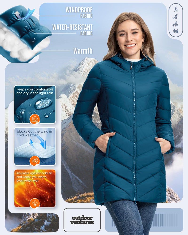 Outdoor Ventures Women's Long Hooded Lightweight Puffer Coat Quilted Insulated Winter Jacket - Image 4