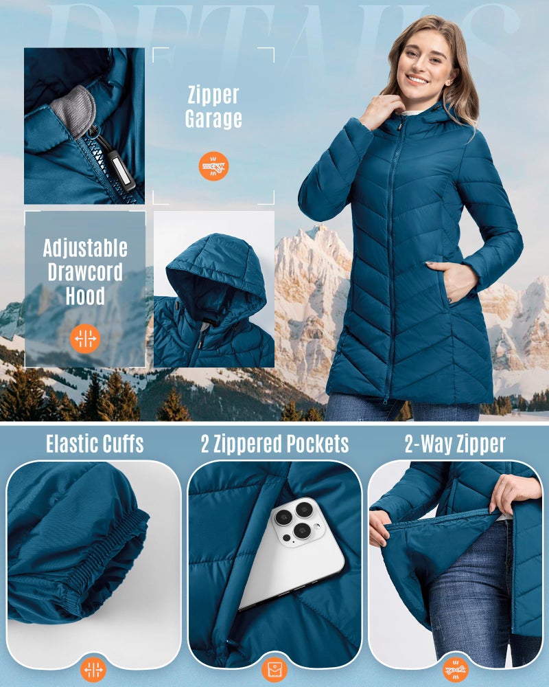 Outdoor Ventures Women's Long Hooded Lightweight Puffer Coat Quilted Insulated Winter Jacket - Image 2